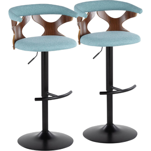 Gardenia Adjustable Swivel Bar Stool in Black Metal, Walnut Wood & Teal Fabric (Set of 2)